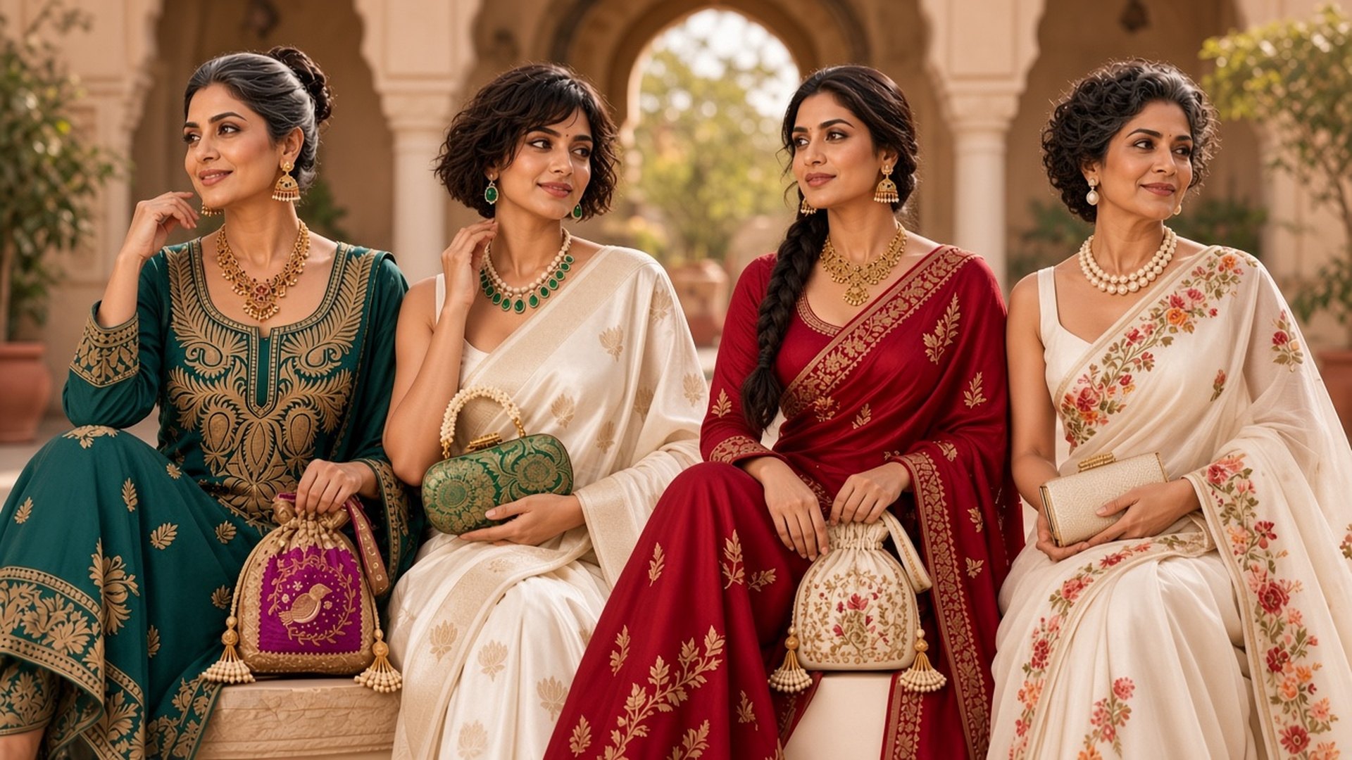 Four looks together: a gold-work suit, an ivory saree, a ruby Tilla saree with temple jewellery and a potli, and an Aari saree with a clutch and pearl jewellery.