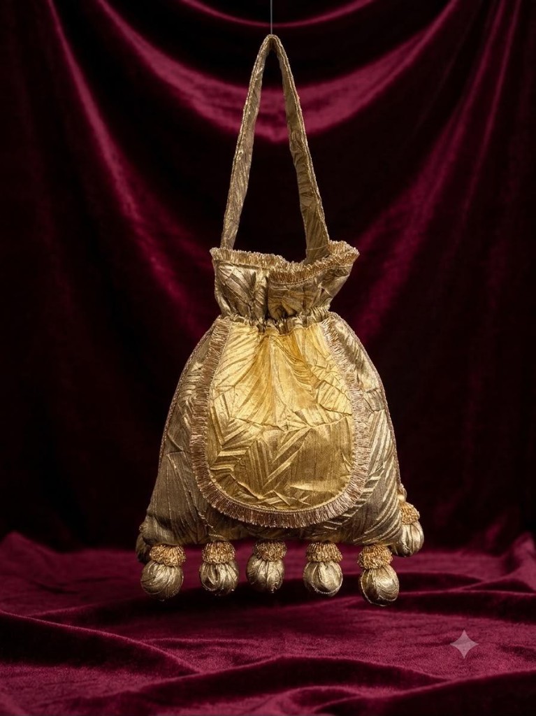 Gold tissue potli hanging against burgundy velvet