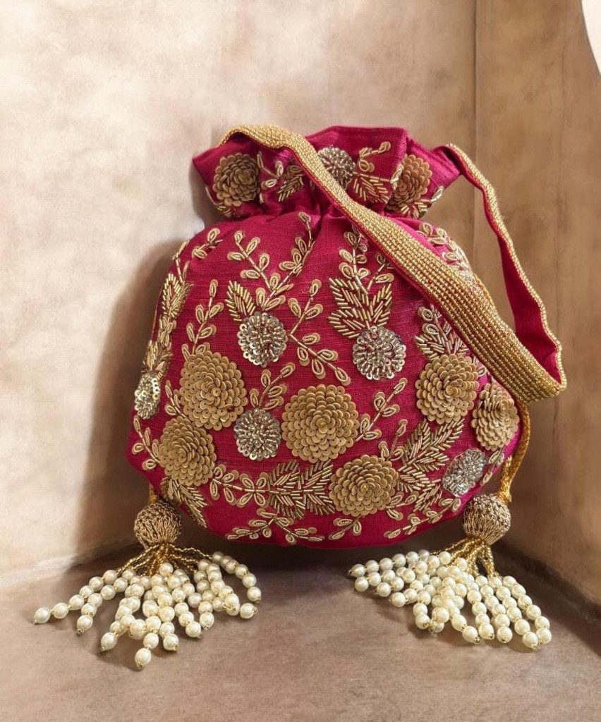 Magenta zardozi floral potli
